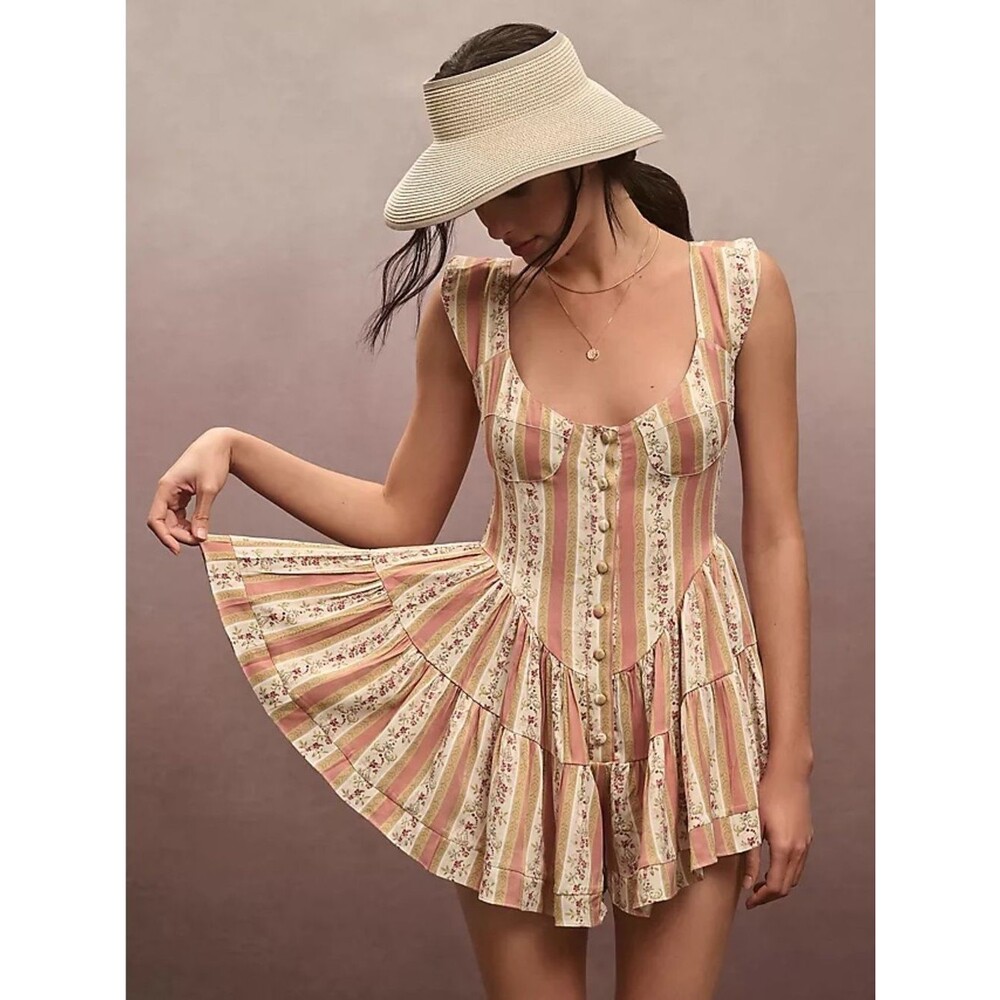 Vanessa Mooney Elisabeth Romper Dress Victorian Stripe Floral Mini